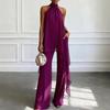 Women's Chiffon 2 Piece Sets, Asymmetrical Halter Sleeveless Tops with Wide Leg Pants Summer Outfits, Casual Vacation Lounge Matching Set