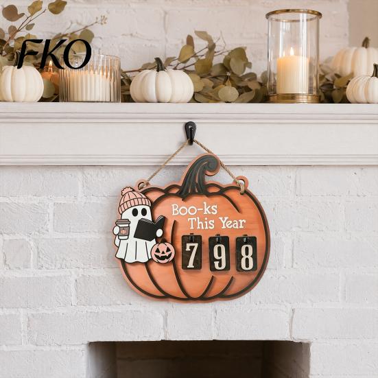 Pumpkin Ghost Design Halloween Reading Tracker Wooden Hanging Sign, Sliding Number Counter for Book Read This Year, Fun Gift Spooky Decor