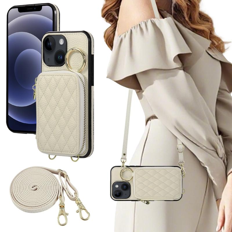 For iPhone 7/8 Plus/XR/Xsmax/11 Pro/12 Mini Fashion Zipper Style Phone Case Wallet Cover with Strap