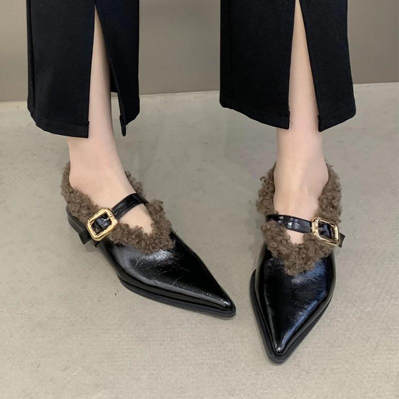 Móda Špičatá špička Dámské kožešinové boty Baleríny Mělké Ležérní Teplé boty Žena 2024 Trend Móda Nové Sněhule Zima Útulné Goth Mujer Botas