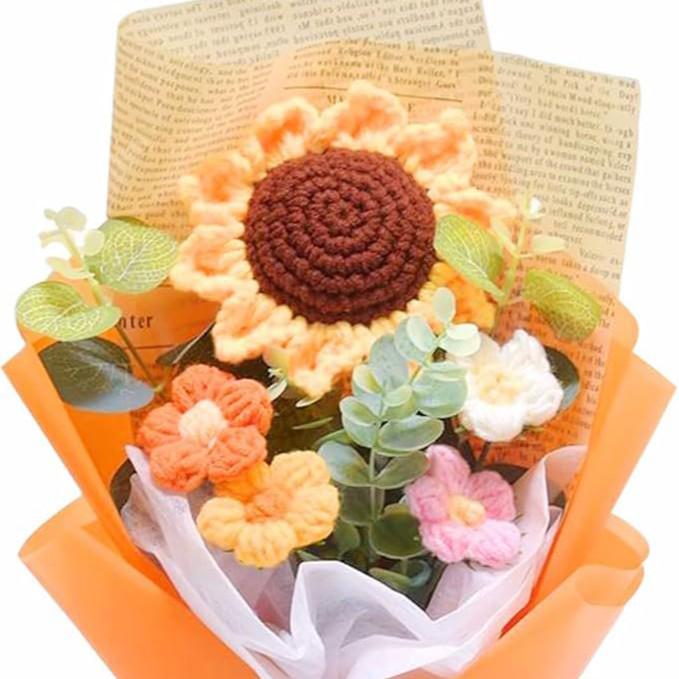 Handmade Knitted Yarn Bouquet: Crocheted Roses, Lilies, Tulips, and Gesang Flowers for Valentine's Day