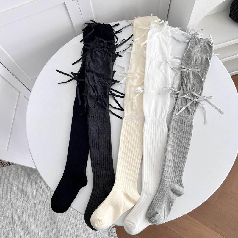Bow Ribbon Socks, Women's Calf Socks, High Appearance Level, Ballet Style, Mesh Patchwork, Lolita Over-the-knee Socks
