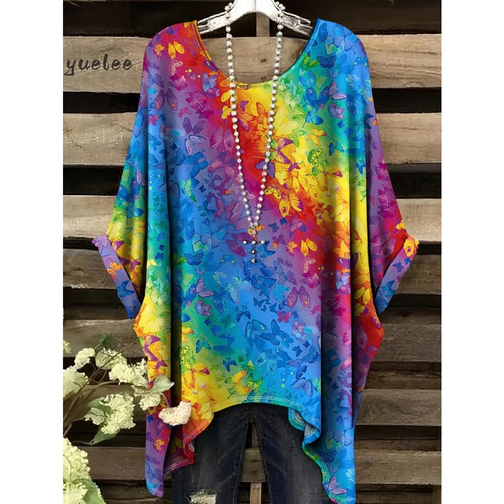 Tessuto Estivo Imitazione Denim Stampa Tie-Dye Orlo Irregolare Girocollo Manica Corta da Donna Abbigliamento Casual da Esterno da Donna