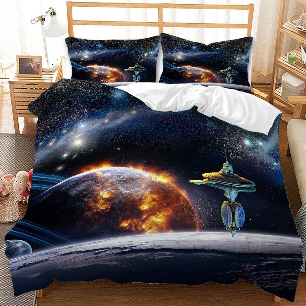 3D Space Planet Printed Down Duvet Cover Pillowcase with Universe Starry Sky Pattern Bedding Set for Kids, Home Decoration Gift for Teenagers