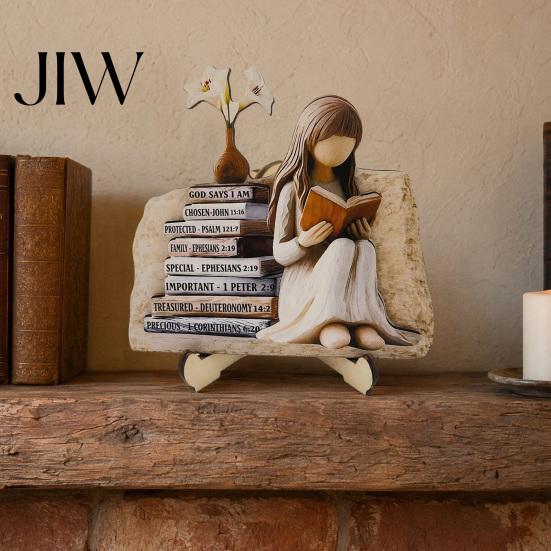 Stable Base Wooden Craft Reading Girl Figurine, Pastoral Style Statue Desktop Hand Painted Home Accessory Decor, Artistic Healing Ornament,