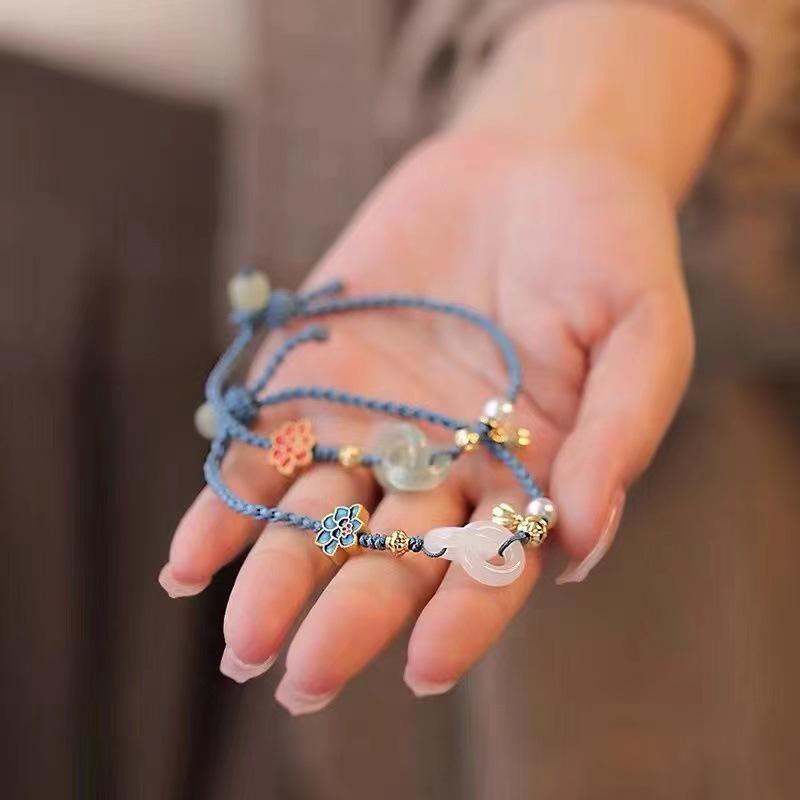 Ethnic Style Flower Lotus Jade Pearl Braided Bracelets Adjustable Woven Bracelet For Women  Jewelry Accessories