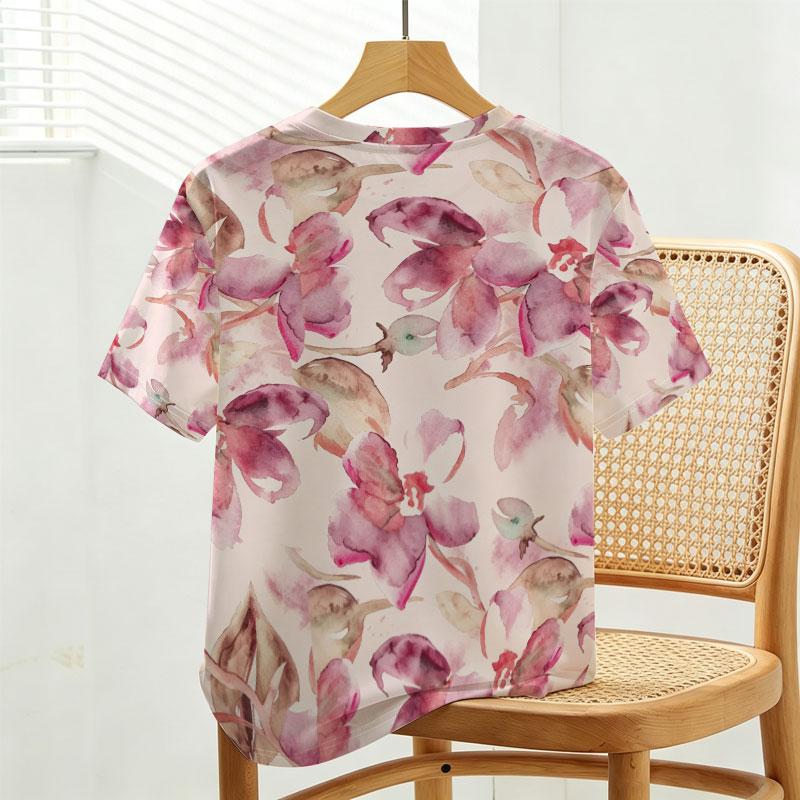 Women's Relaxed Short Sleeve Top Soft Watercolor Floral Print, Basic Casual Summer Tee for Daily Outings, Vacation & Shopping