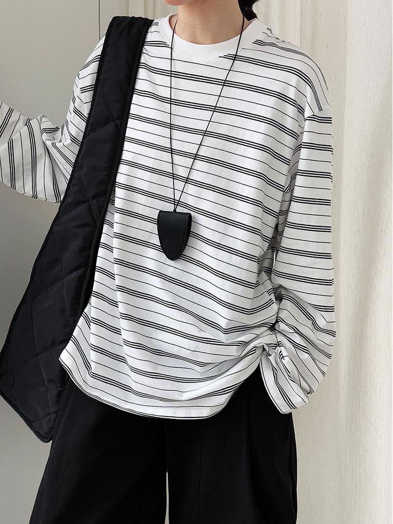 LUXI Women s Retro Color Block Stripe Long Sleeve T-Shirt - Autumn Round Neck Top One Size