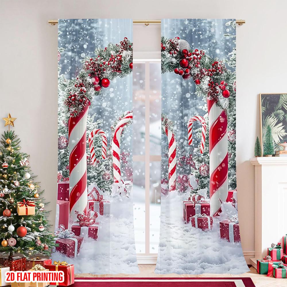 Set Of 2 Flat Printing Merry Christmas Drapes Candy Sticks Polyester Without Electricity Spring Party Curtain Made