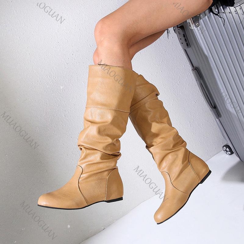 Fashion Large Size Flat Knee High Boots for Women Spring Autumn Casual Shoe Solid Color Round Toe Pleated Thigh High Knight Botas Female