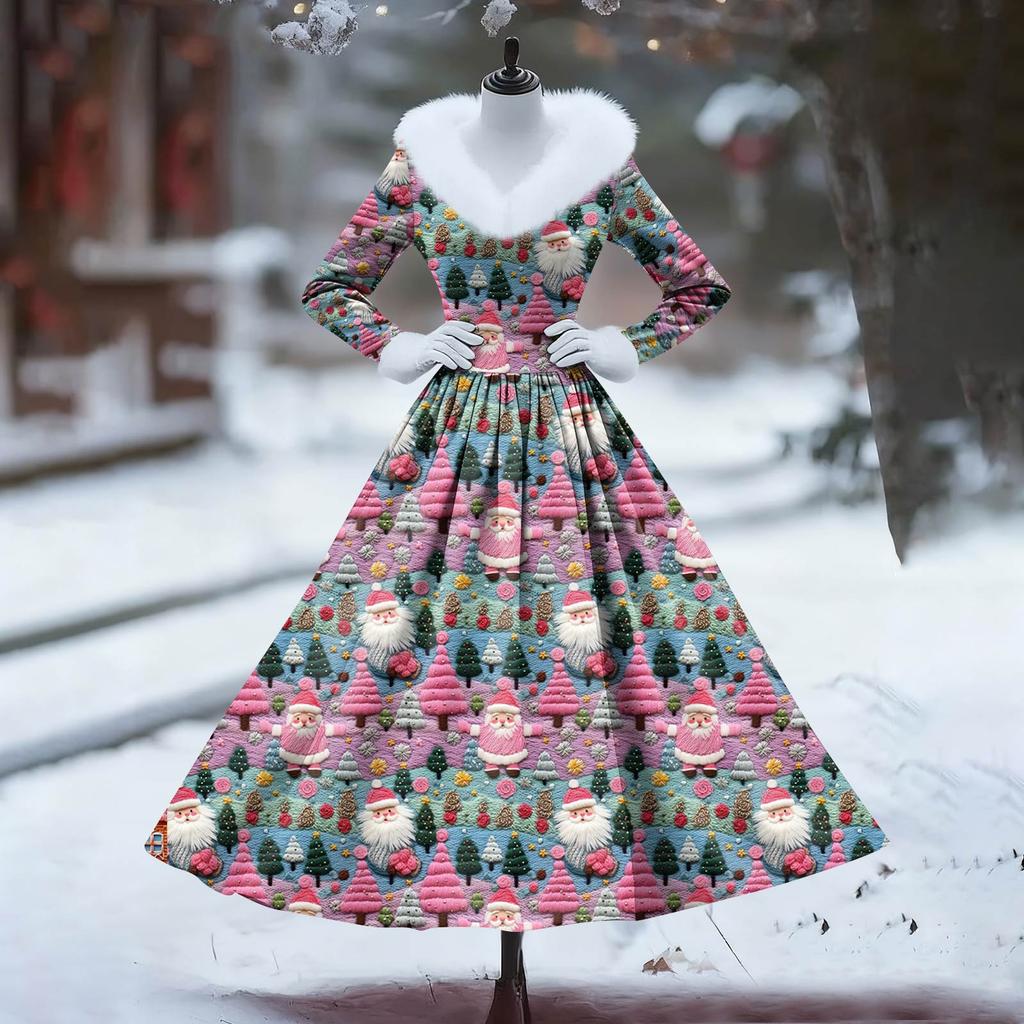 Women's Casual Dress Long-Sleeve V-Neck Patchwork Fleece Christmas Print Dress