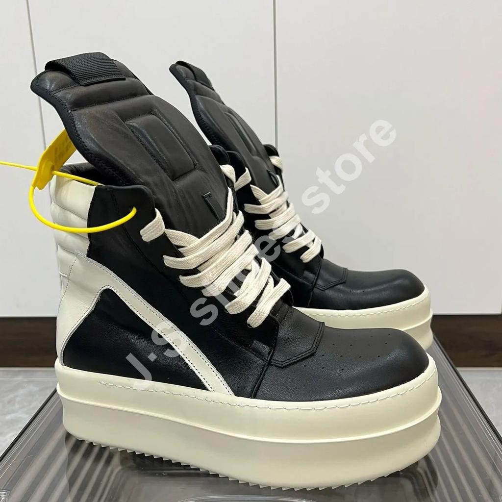 Ro Classic Men Shoe Ankle Boot Women Sneaker High Top Casual Shoes Zip Lace Up 6cm Thick Sole Sneakers Black Leather Ankle Boots