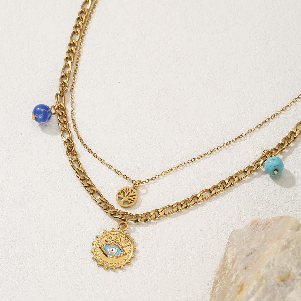 304L Stainless Steel Double-Layer Tree of Life Necklace with Gold Color Bead and Round Plate