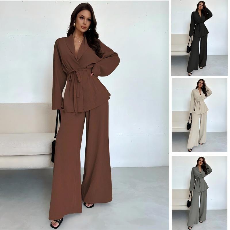 Women's V Neck Long Sleeve Top and Wide Leg Pants Two Piece Set Loose Casual Autumn Outfit
