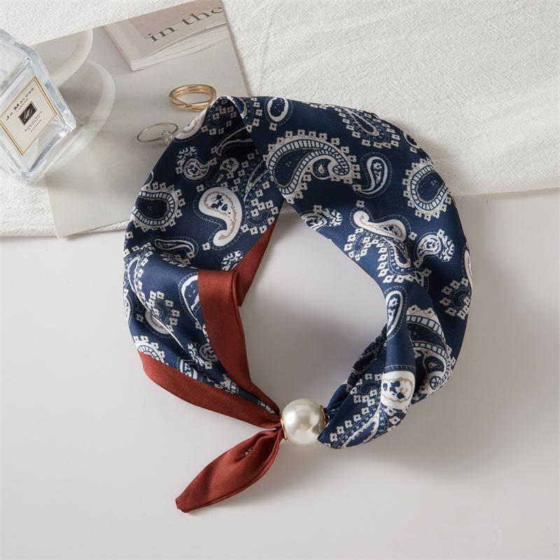 French light luxury spring and summer small square scarf pearl necklace magnetic buckle lazy silk scarf women s scarf collarbone chain scarf
