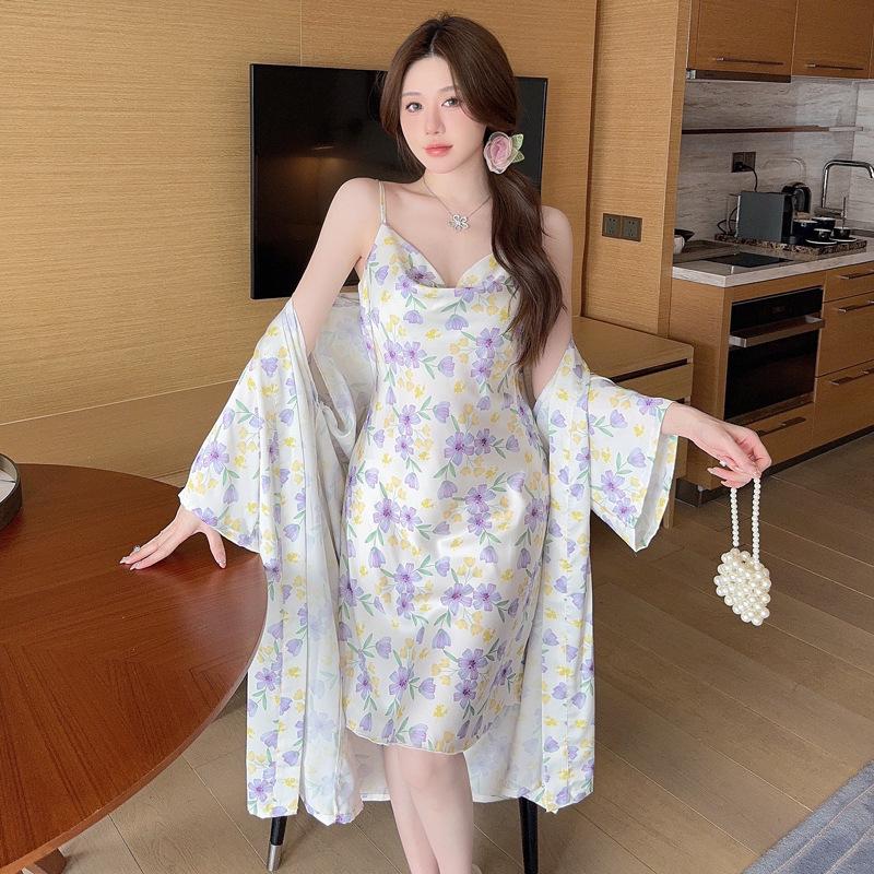 Spring and Summer Ice Silk Nightgown Sexy Suspender Women's Pajamas Thin Nightgown Printed Homewear Bathrobe Two-piece Set
