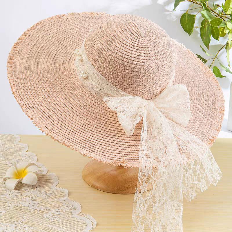 Lace Bow Straw Hat Women's Summer French Large Brim Sunscreen Hat Seaside Beach Vacation Sun Hat