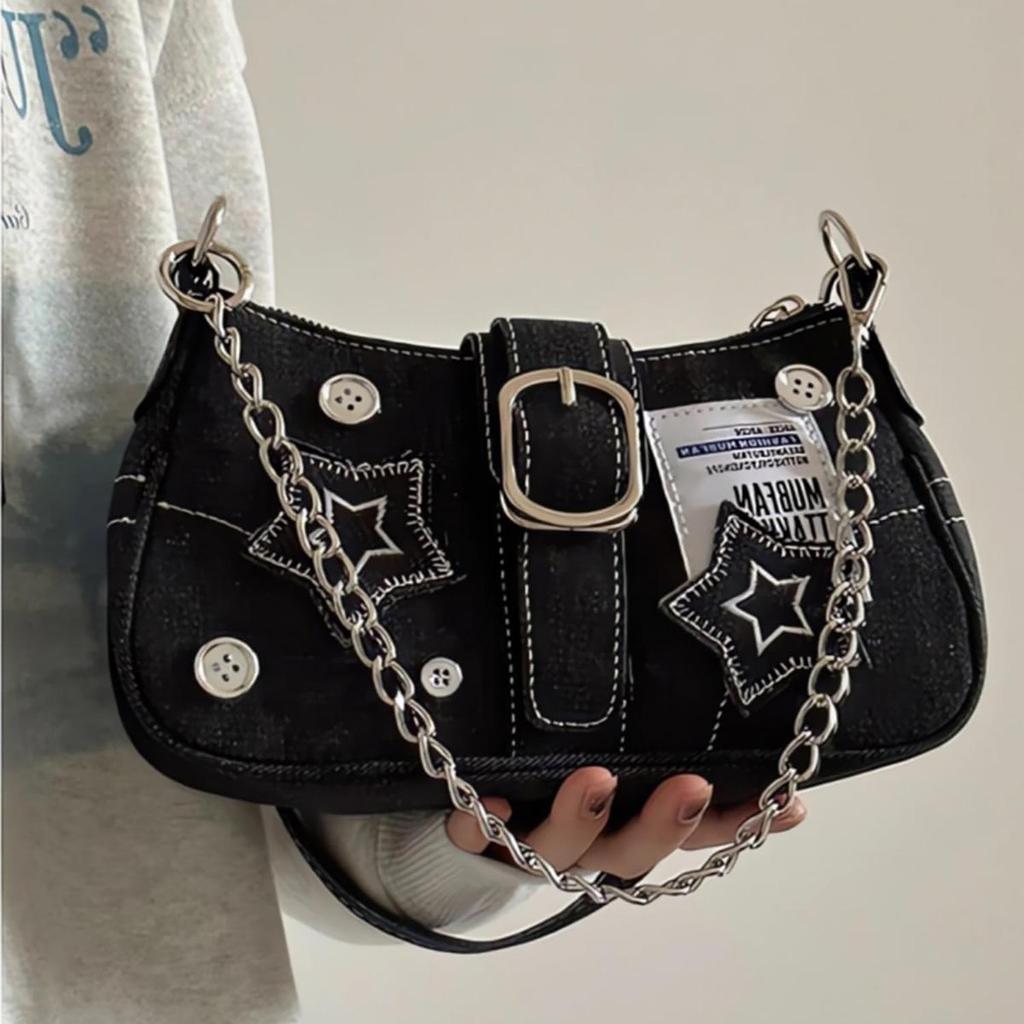 2024 Trendy Star Denim Underarm Retro American Poster Chain Shoulder Bag