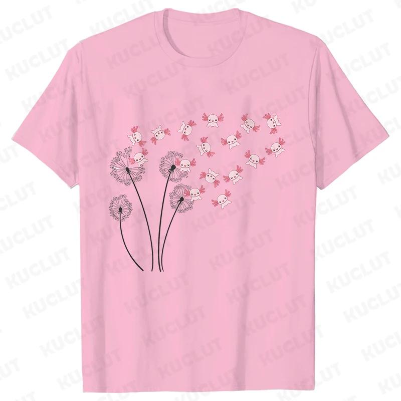 Dandelion Axolotl Flower T-shirt for Women Fashion Casual T-shirts Short Sleeve Axolotl Lover Women Tee Shirt Kawaii Clothing Shirts