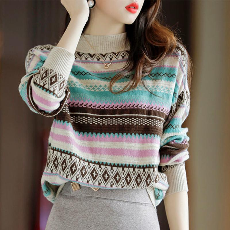 

Весенне-осенний женский свитер, свободный трикотаж, ретро-национальный стиль, контрастная трикотажная рубашка 2XL зелёный