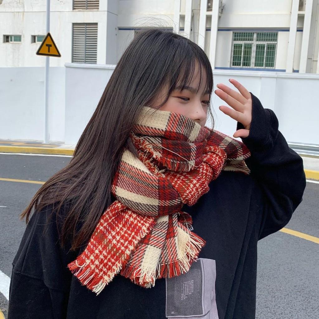 Women's Red Plaid Retro Faux Cashmere Scarf - Versatile & Warm for Autumn/Winter