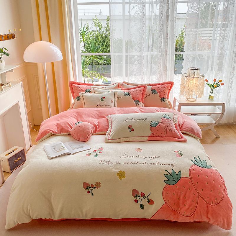 Winter Thickened Milk Velvet Embroidered Four-piece Set, Anti-static and Warm, Double-sided Velvet Quilt Cover, Coral Velvet Bedding