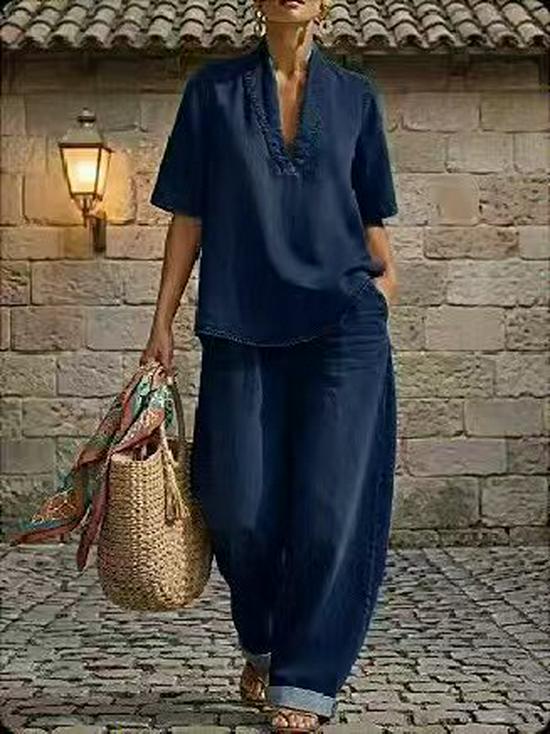 2026 Europäisches & Amerikanisches Sommer Damen Minimalistisches Denim Zweiteiler-Set - Locker, Lässig, Einfarbige Farbe, Bequemer Stil