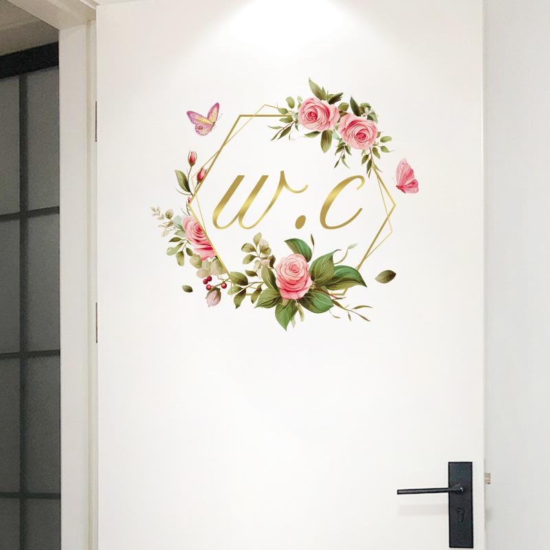 New Self-Adhesive Rose Butterfly Toilet Door Sticker Bathroom Wall Decoration Toilet Identification Sticker WC Sign Door Sticker
