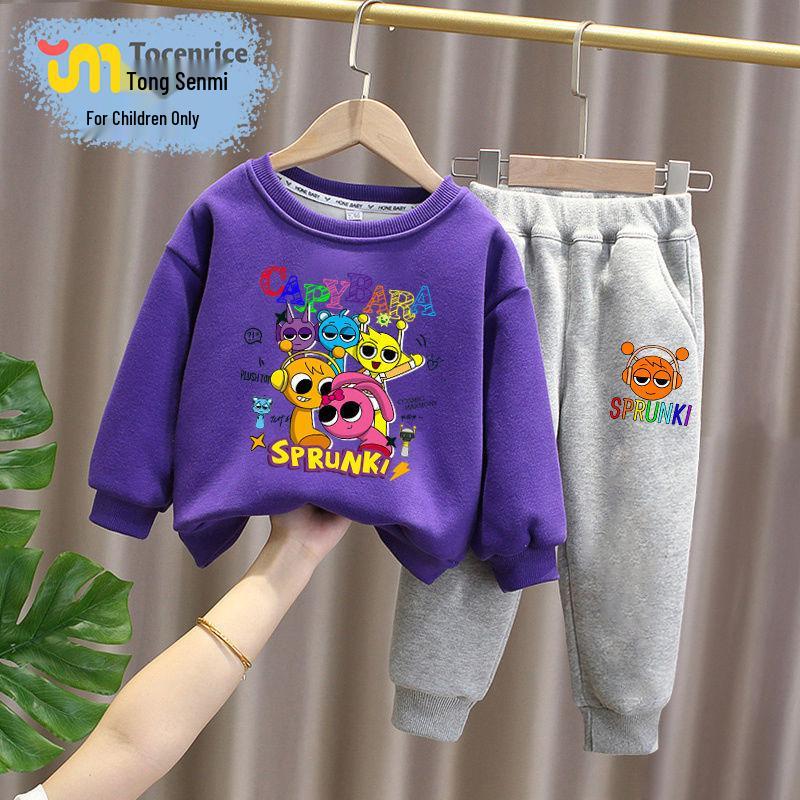 Sprunki Rhythm Box Kids' Plus Velvet Hoodie Set, Unisex, Warm Two-Piece for Autumn/Winter