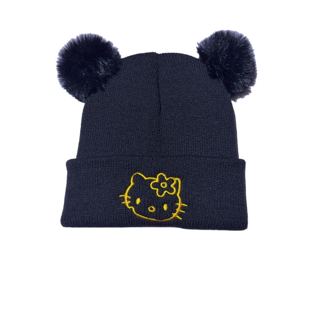 Kuromi Cartoon Cat Wool Knit Hat for Children - Cute and Warm Embroidered Kitten Pullover Hat.