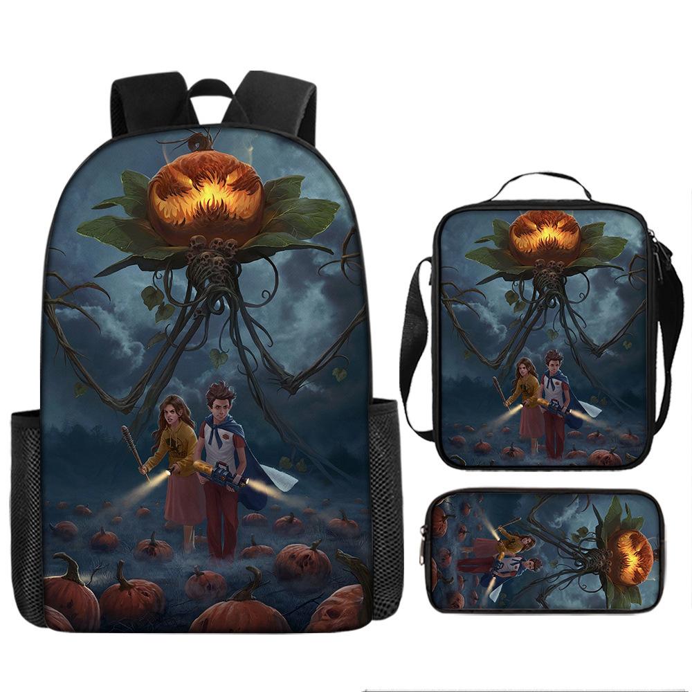 Halloween Backpack Pumpkin Ghost 3-Piece Set Schoolbag Kids Shoulder Bag Cute Bookbag for Boys Girls