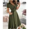 JPNTKY Women's Fashion Summer Spring Solid Color Print Short Sleeve V-Neck  Casual Dresses