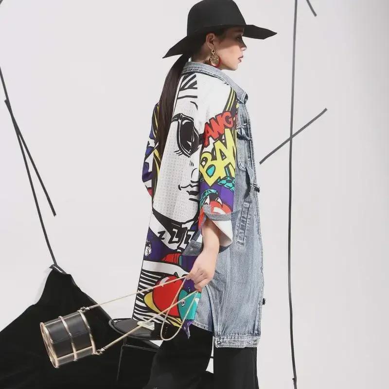 Dámská džínová větrovka s abstraktním vzorem 2025 - kreativní sestřih, volná sepraná bunda