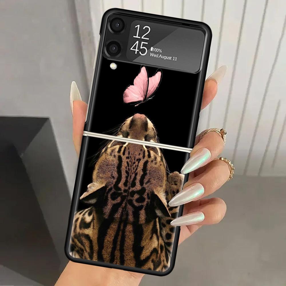 Pink Leopard Print Hard PC Phone Case For Samsung Galaxy Z Flip 7 6 5 4 3 Black ZFlip7 ZFlip6 Flip5 Flip4 Flip3 5G Print Cover