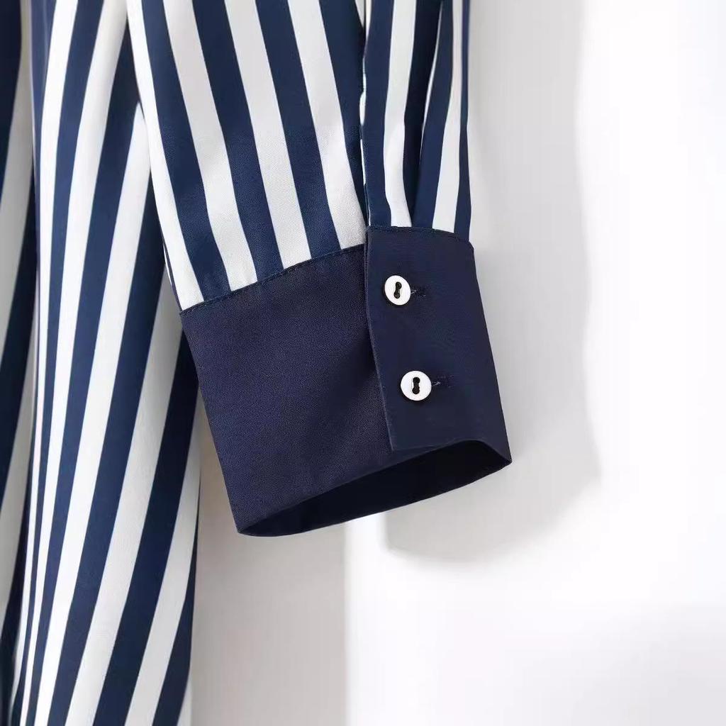 2024 Summer Women's Casual Striped Midi Belt Shirt Dress