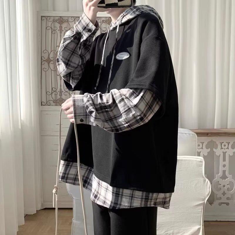 Men's Hoodie Plaid Patchwork Jacket - Spring & Autumn Lazy Style