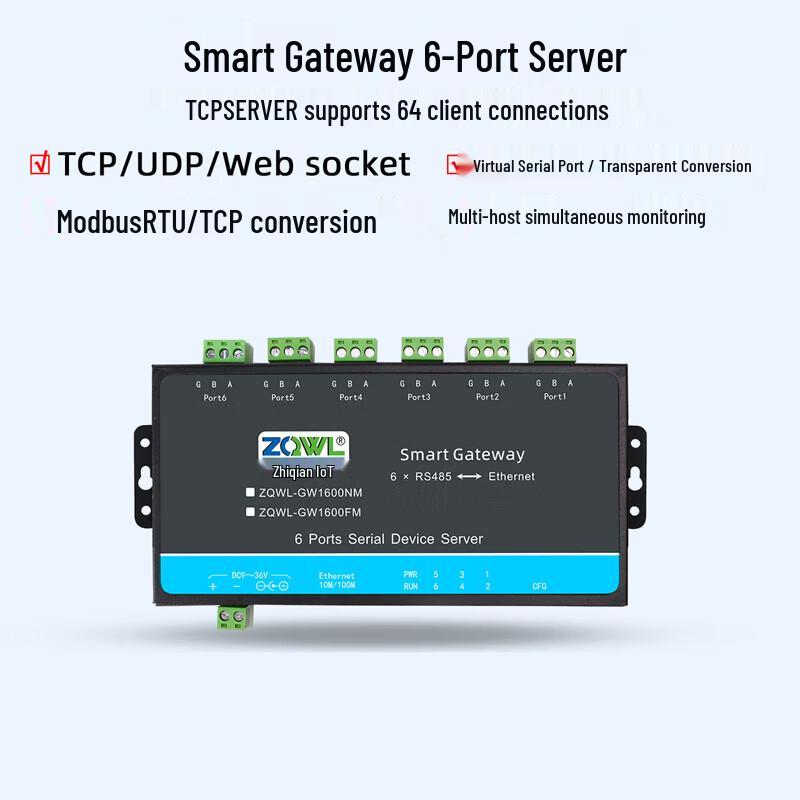 ZQWL GW1600NM 6-Way RS485 to Ethernet MQTT Server Module