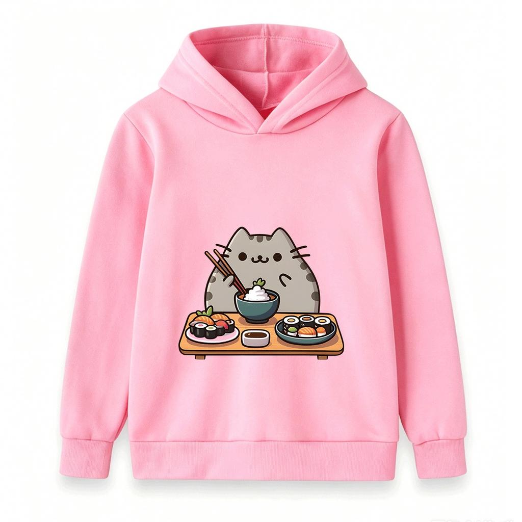 Kids Boys Girls Hooded Pullover Sweatshirt Cute Cartoon Cat Sushi Pattern Casual Soft Pullover Top for Daily Wear Gift for Sushi Lovers