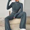 Women's Knitted Pullover Pants Two Pieces Set Slim Long Sleeved Mock Neck Top High Waist Wide Leg Pant Outfits