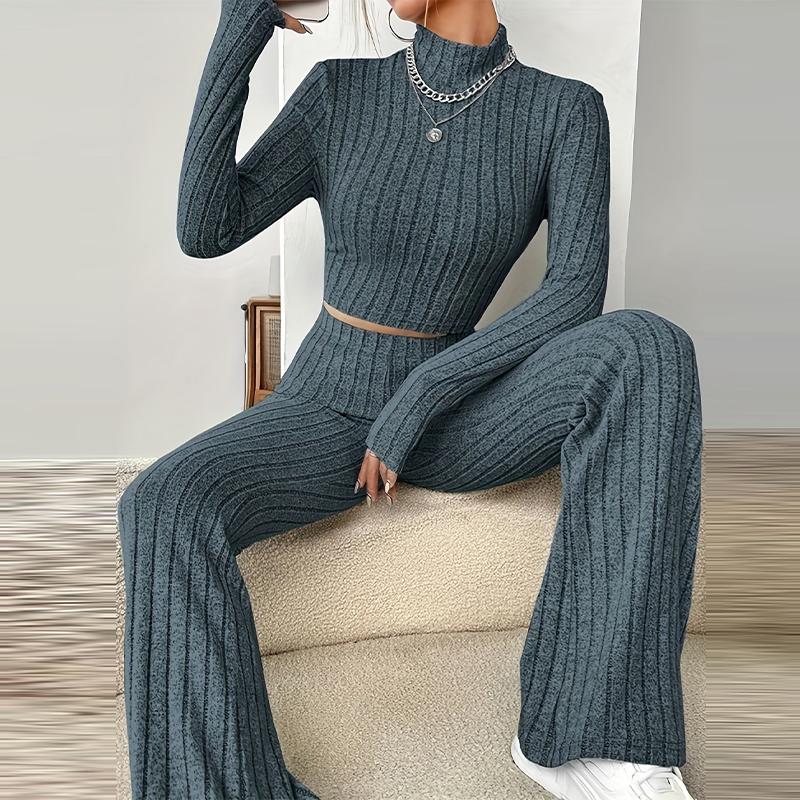Women's Knitted Pullover Pants Two Pieces Set Slim Long Sleeved Mock Neck Top High Waist Wide Leg Pant Outfits