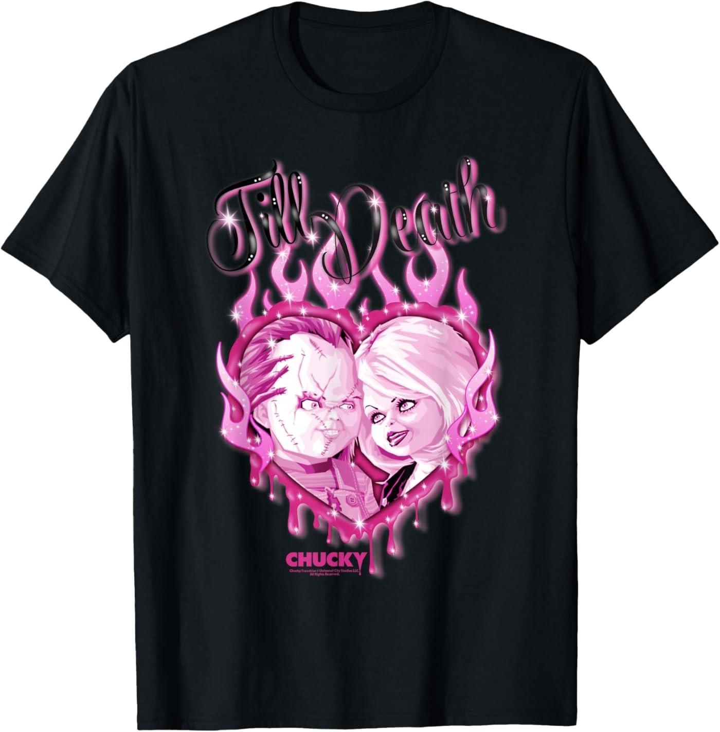 Chucky and Tiffany Till Death Flaming Heart T-Shirt S