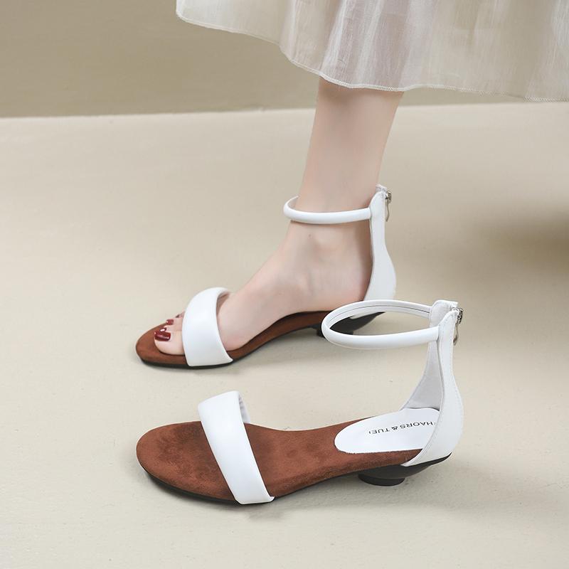 New Luxury French Elegant Kitten and Soft Sole Thick Middle Heel Round Toe Full Leather Fairy One-strap Sandals Genuine Leather