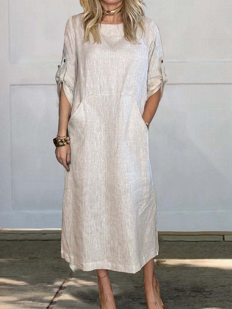 New Summer Breeze Loose Casual Solid Color Short Sleeve Cotton Linen Dress