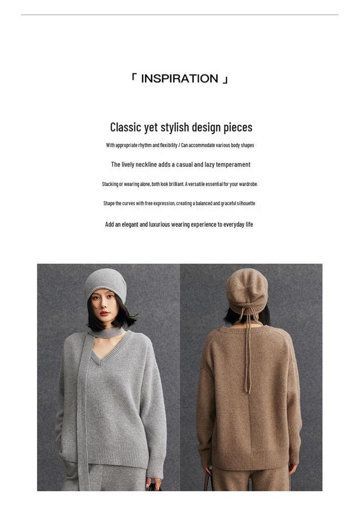 Women's V-neck Cashmere Sweater - 2026 Autumn/Winter, Gentle Style, Loose, Slimming, Thick Base Layer Pullover.