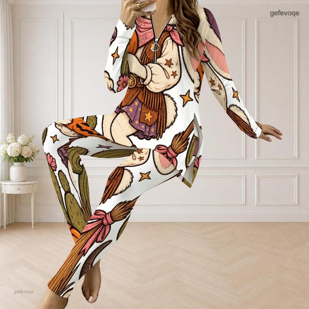 Women Plus Size White Halloween Ghost Printed Two Piece Set Half Zip Long Sleeve Top And Fitted Pants