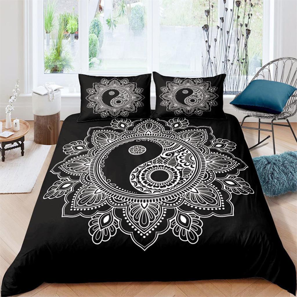 Black and White Yin Yang Duvet Cover Chinese Style Gossip Koi Couple Fish Mysterious Art Theme for Boy Girls Adult Bedroom Decor