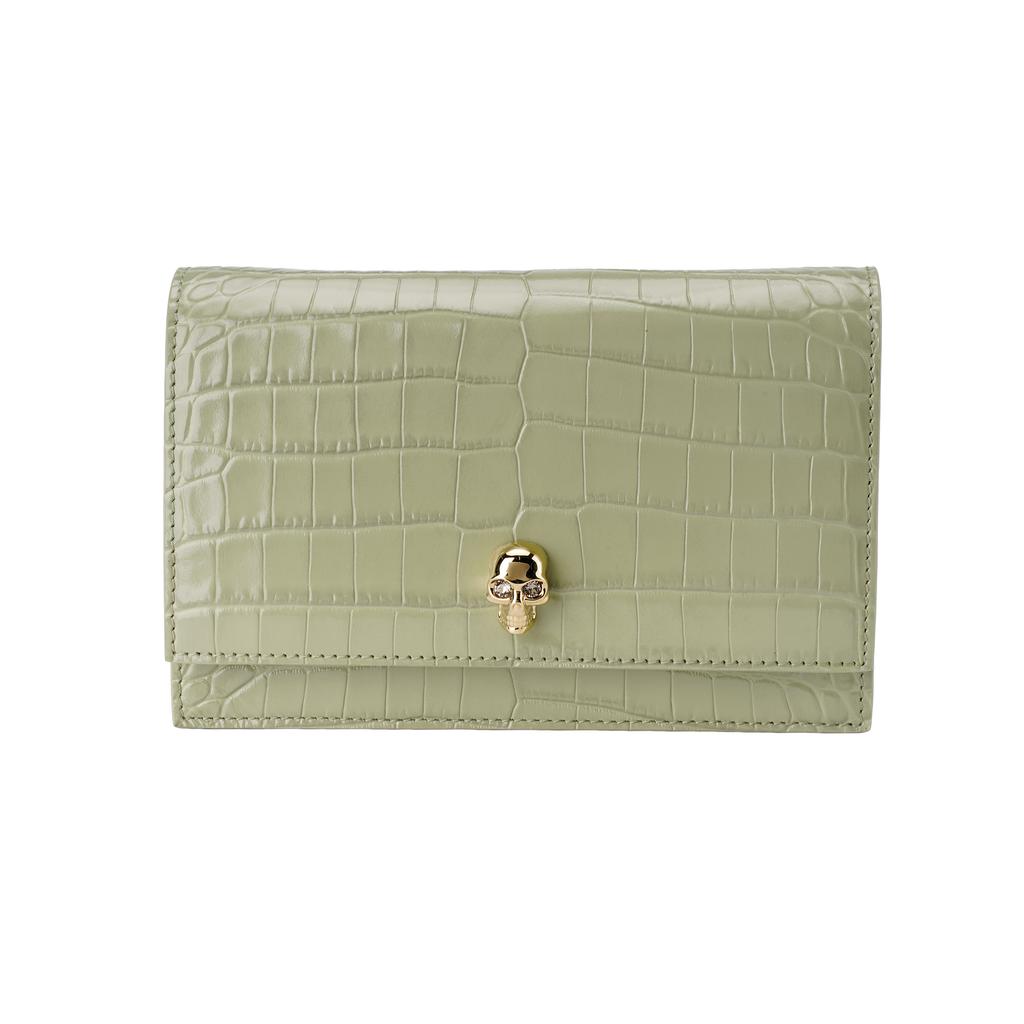 New Alexander McQueen Embossed Crocodile Pattern Cow Leather Crossbody Bag, Shoulder Bag Trumpets Women's Green 613088-1HB0G-3847