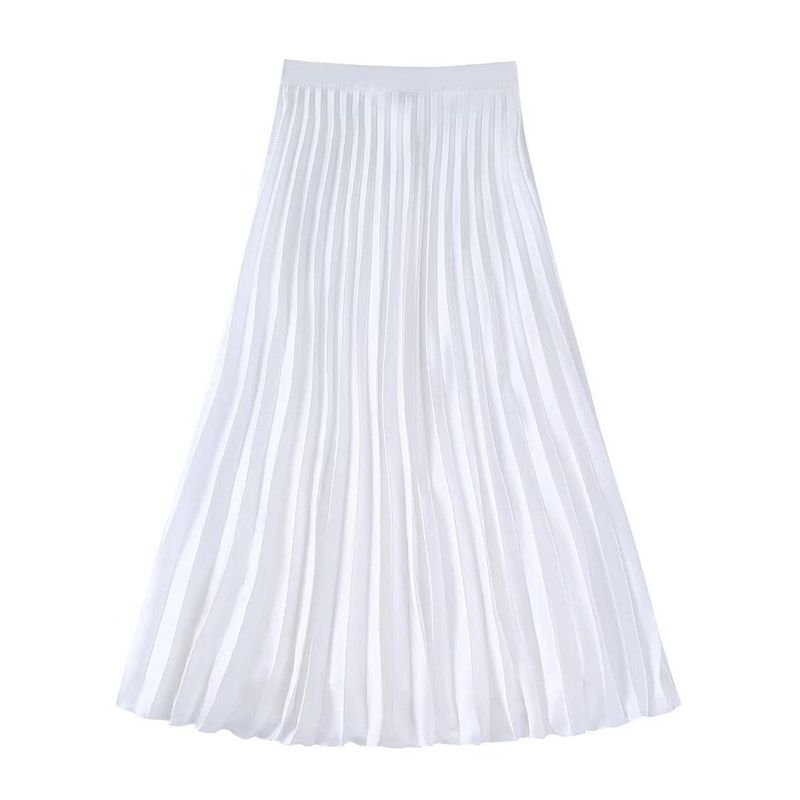 Ur Summer New Style White Silk Satin Pleated Skirt