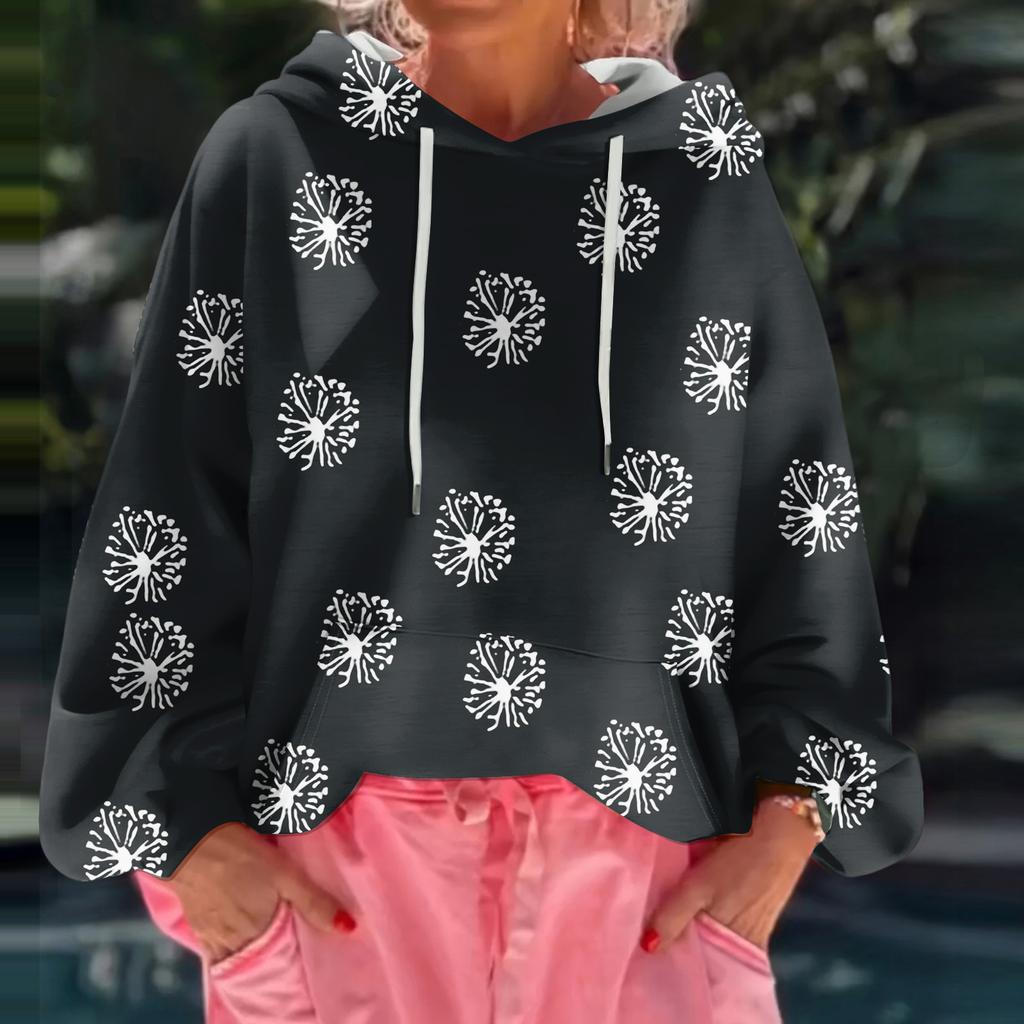 Women's Floral Print Loose Casual Long Sleeved Hooded Sweatshirt