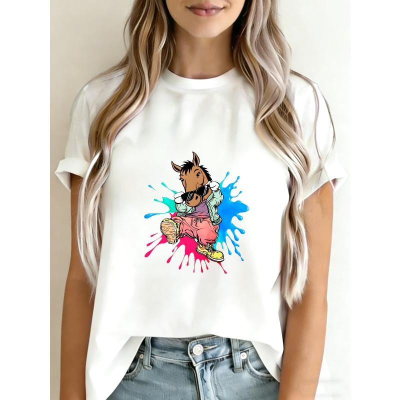 

Crew Neck T Shirt White Horse Hip Hop Cartoon Print For Casual Wear XXXXL білий